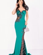 Chanttal Rochie de seara tip sirena Sherrel verde cu flori din paiete argintii