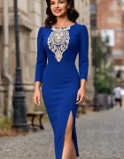 Chanttal Rochie de zi midi albastra Tisha conica cu broderie aplicata