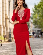 Chanttal Rochie de zi midi rosie Tisha conica cu broderie aplicata