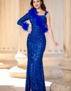 Chanttal Rochie eleganta albastru royal Isabela cu fronseuri si insertie de fulgi