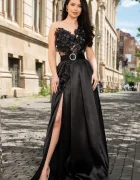 Chanttal Rochie eleganta Ofelia neagra lunga cu flori 3D