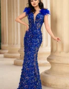 Chanttal Rochie eleganta tip sirena Alejandra albastra cu paiete si flori 3D
