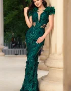Chanttal Rochie lunga Alejandra verde cu glitter si flori decorative