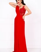 Chanttal Rochie lunga de seara Gilda rosie cu fronseuri si bust brodat