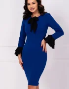 Chanttal Rochie office Mary albastru royal cu mansete negre si funda