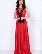 Chanttal Rochie rosie eleganta Ginette lunga peliculizata cu broderie aplicata