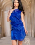 Chanttal Rochie scurta de ocazie albastra Rosalia cu floare maxi din organza