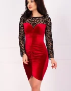 Chanttal Rochie scurta Trisha din catifea rosie cu fronseuri si maneci din tulle