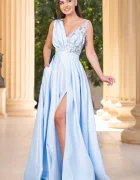 Dante Rochie eleganta lunga din tafta bleu Saturn cu flori 3D