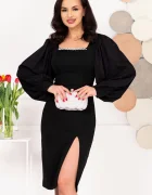 Dante Rochie midi de ocazie neagra cu maneci din voal si accesoriu cu strassuri