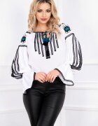 Effect Bluza tip ie alba cu motive traditionale negre si albastre