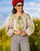 Effect Bluza traditionala bej din vascoza cu broderie verde