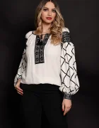 Effect Ie traditionala alba cu benzi negre brodate aplicate