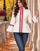 Effect Jacheta dama alba cu banda brodata ciclame si peplum