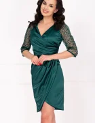 Ella Collection Rochie de ocazie conica verde Lillian cu fronseuri si maneci paietate