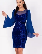 Ella Collection Rochie de ocazie din catifea albastra Celine cu maneci din voal si model paietat