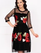 Ella Collection Rochie de ocazie neagra midi Andrada cu broderie florala