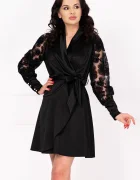 Ella Collection Rochie de ocazie neagra petrecuta Tatiana cu maneci din tulle brodat