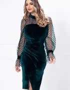 Ella Collection Rochie de ocazie verde din catifea cu maneci din tulle cu buline