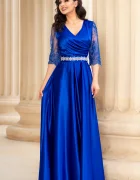 Ella Collection Rochie de seara lunga Giorgia albastru royal din tafta cu maneci brodate