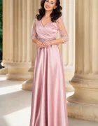 Ella Collection Rochie de seara lunga Giorgia roz din tafta cu maneci brodate