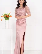 Ella Collection Rochie de seara Sophia roz din tafta cu bust din paiete