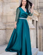 Ella Collection Rochie de seara verde Giorgia lunga din tafta cu maneci paietate
