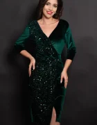 Ella Collection Rochie eleganta Amira verde din catifea cu paiete pe o parte