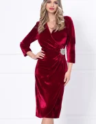 Ella Collection Rochie eleganta bordo din catifea Caterina cu accesoriu argintiu in talie