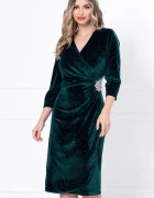 Ella Collection Rochie eleganta verde din catifea Caterina cu glitter si accesoriu argintiu in talie