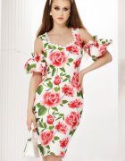 Fofy Rochie alba cu imprimeu trandafiri si maneci detasabile