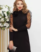 Fofy Rochie de ocazie eleganta neagra cu floare 3D si maneci din tulle