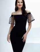 Fofy Rochie de ocazie neagra pe umeri cu maneci tip volan cu glitter
