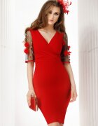 Fofy Rochie de ocazie rosie cambrata cu maneci brodate din tulle si flori 3D