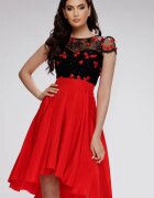 Fofy Rochie de ocazie rosie cu bust din tulle brodat cu floricele