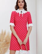 Fofy Rochie de zi in A ciclame cu buline albe guler si mansete plisate