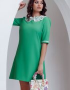 Fofy Rochie de zi verde in A cu guler brodat