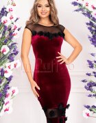Fofy Rochie din catifea bordo cu flori 3D