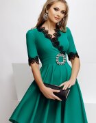 Fofy Rochie eleganta verde in clos cu dantela neagra aplicata