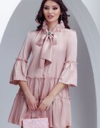 Fofy Rochie roz pudra de zi din voal satinat cu esarfa innodata si brosa