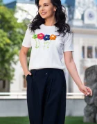 InPuff Basic Bluza casual chic alba cu flori 3D brodate