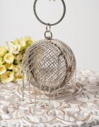 InPuff Basic Clutch argintiu tip sfera cu franjuri din strassuri