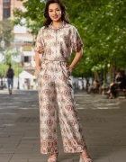 InPuff Basic Compleu casual de vara bej cu pantalon evazat si camasa