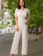 InPuff Basic Compleu casual ecru din crep cu bluza si pantalon