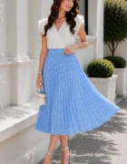 InPuff Basic Fusta midi in clos bleu Sofiana cu pliseuri si buline albe