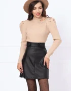 InPuff Basic Pulover dama bej din tricot umeri bufanti si aplicatie din strassuri