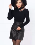 InPuff Basic Pulover dama negru din tricot umeri bufanti si aplicatie din strassuri