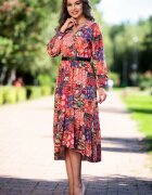 InPuff Basic Rochie de zi burgundy asimetrica cu imprimeu floral si volan la terminatie