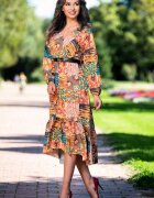 InPuff Basic Rochie de zi camel asimetrica cu imprimeu floral si volan la terminatie