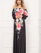 InPuff Basic Rochie eleganta lunga neagra din voal satinat cu imprimeu floral